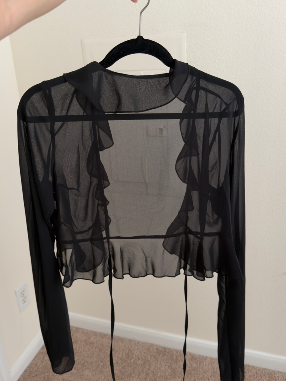 Black Sheer Ruffle Tie-Front Women's Top